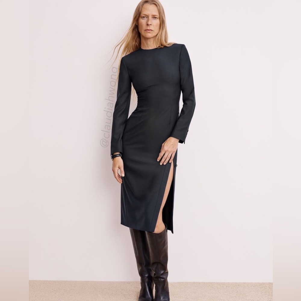 ANOTHER TOMORROW Tailored Long Sleeve Button Slit Midi Dress in Black